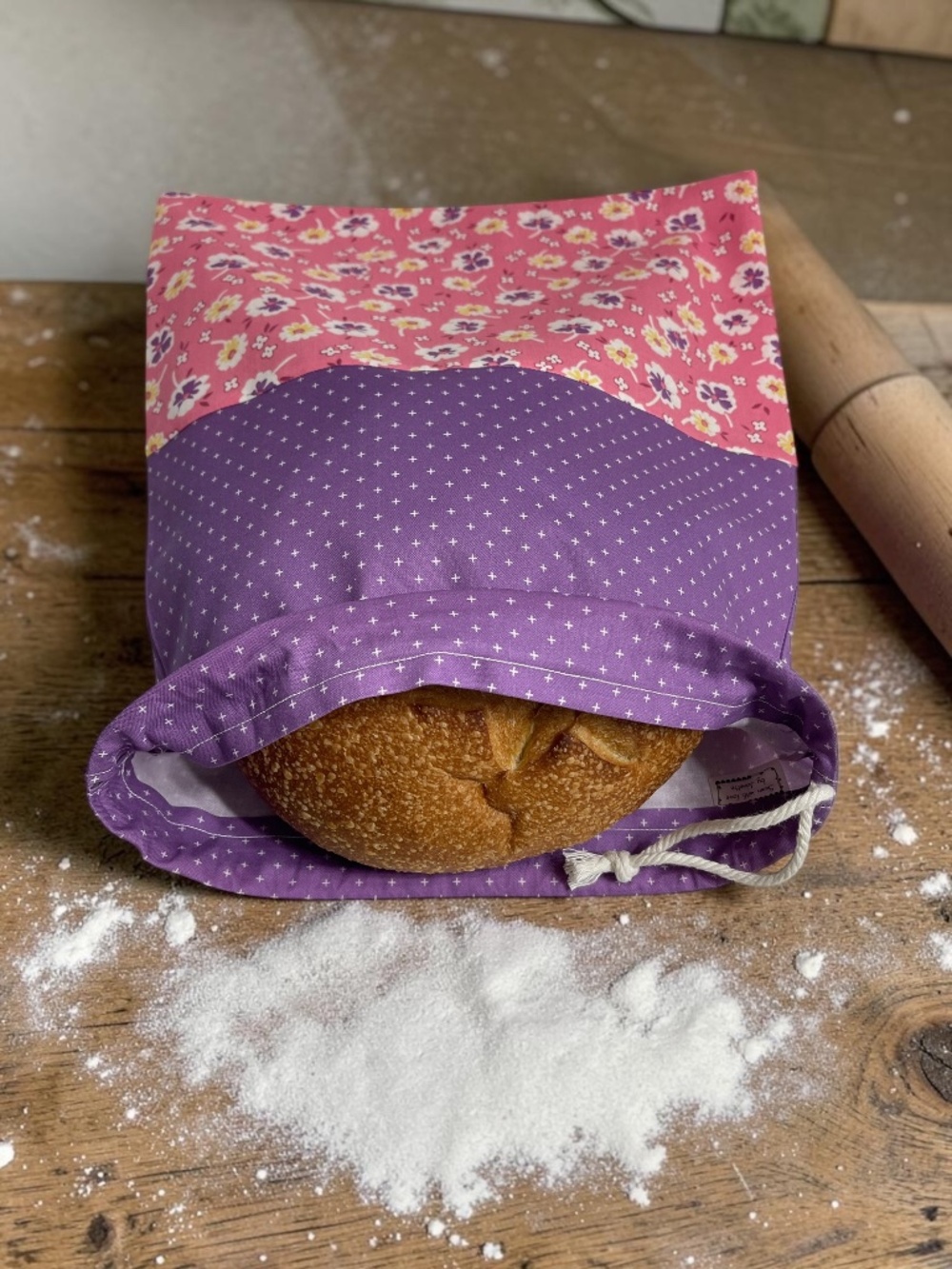 Pink Purple Yellow Floral Bread Bag, Two Fabric Cotton Bread Bag, Sourdough Bag